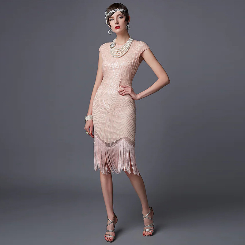 Vintage Fashion Dresses - 1920年代ギャツビー風フリンジフラッパードレス ヴィンテージスパンコールカクテルドレス タッセル付き グレートギャツビーボールパーティードレス エレガントなローリング20年代風ドレス