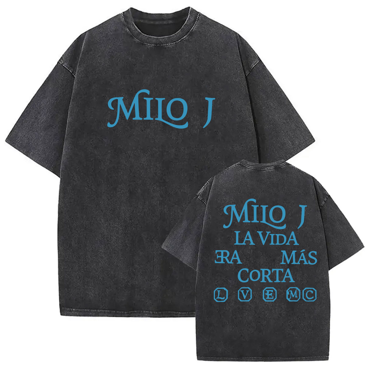 Vintage Fashion La - ミロ・J「ラ・ビダ・エラ・マス・コルタ」アルバム2026、両面プリントのウォッシュ加工Tシャツ、メンズ、レディース、ヴィンテージファッション、オーバーサイズコットンTシャツ。